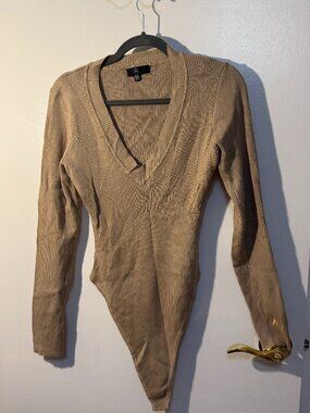 Tan Ribbed V-Neck Bodysuit, US 10 / UK 14